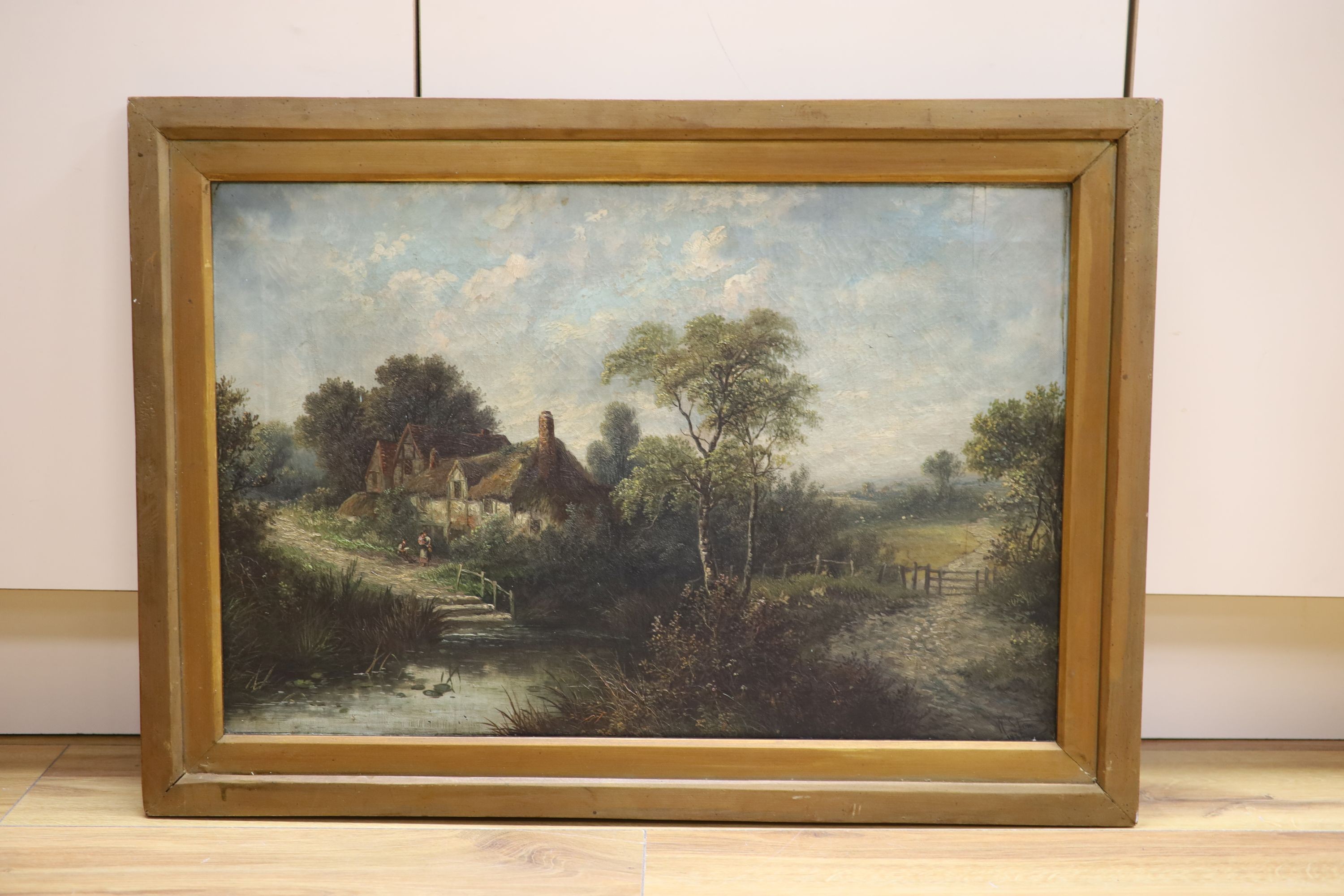 W.Stone (19thC), oil on canvas, Figures and cottages in a landscape, signed and dated 1884, 40 x 60cm